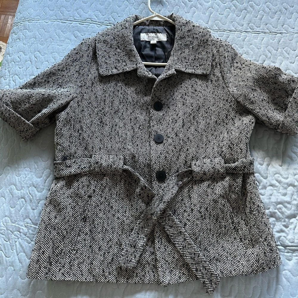Merona short wool polyester acrylic 3 buttons jacket with belt lined dry clean